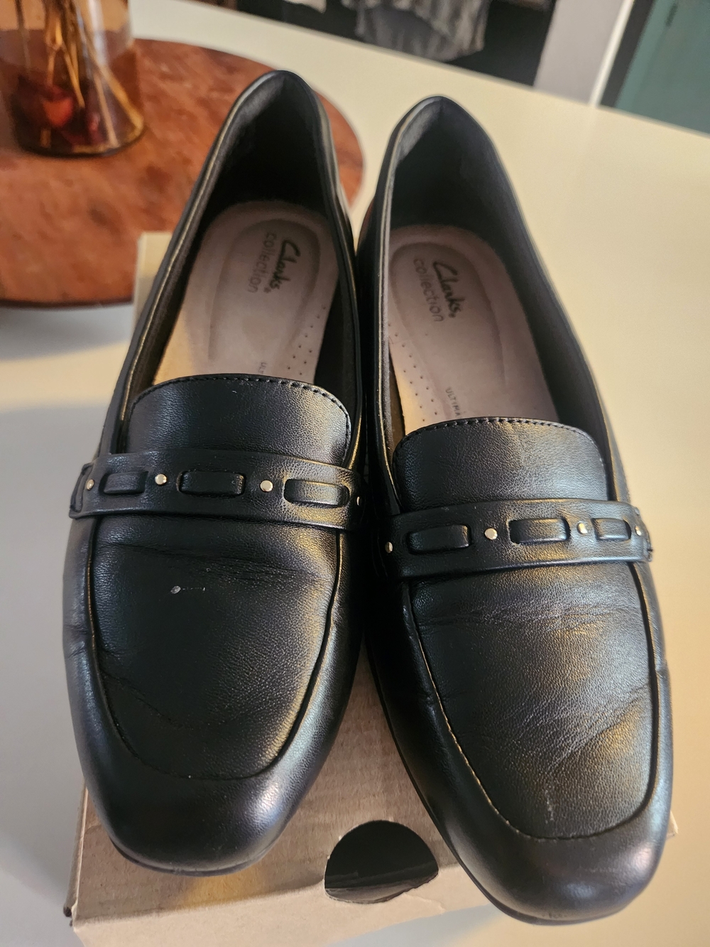 Clarks Black Leather Women's Penny Loafers with Stud Accent